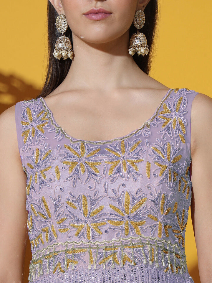 Chhabra 555 Mermaid Sequin Embellished Cocktail Gown with Zircon & Zardozi Embroidered Floral Motifs