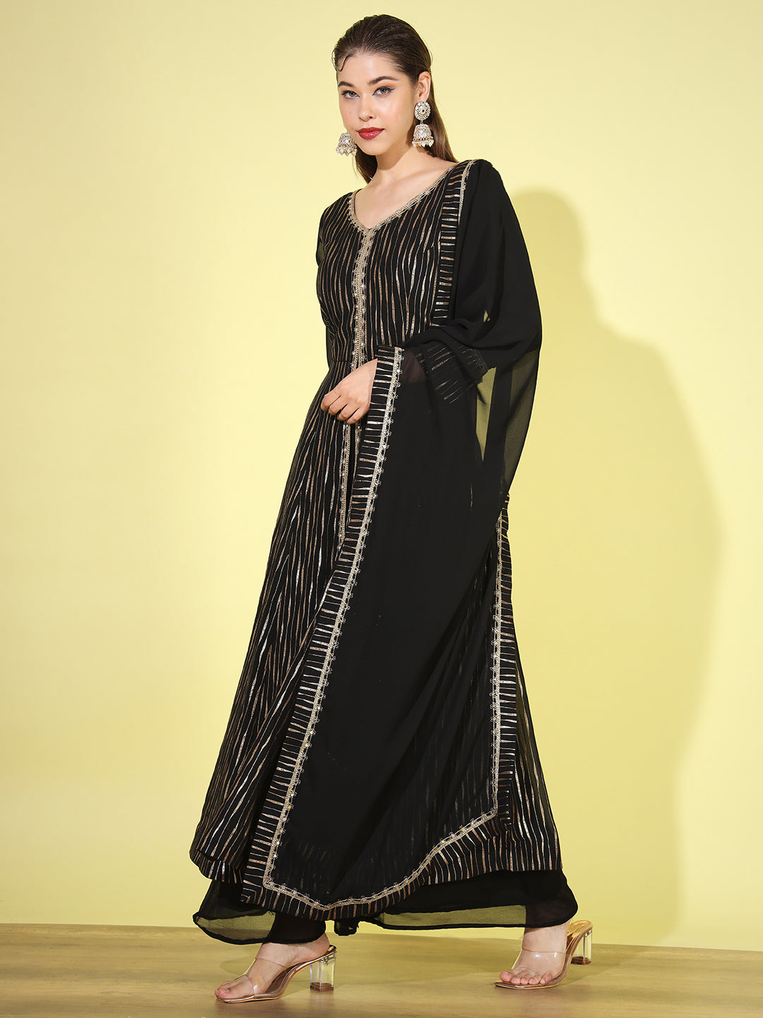 Black Gold Foil Print Front-Slit Kurta Palazzo set with Embellishments