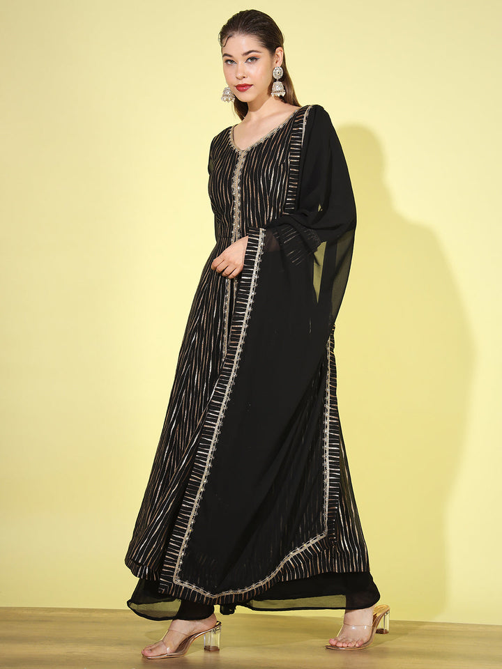Black Gold Foil Print Front-Slit Kurta Palazzo set with Embellishments