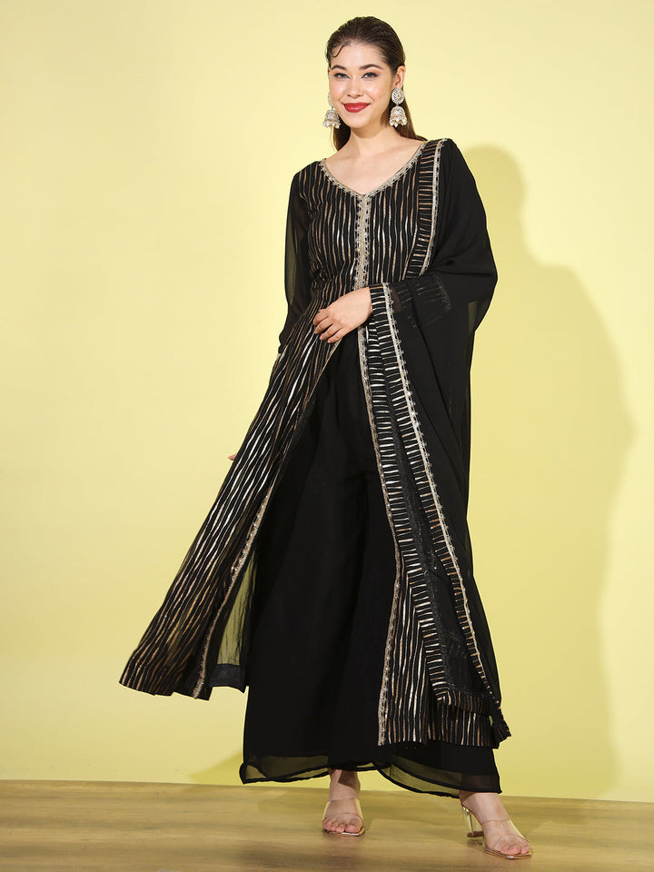 Black Gold Foil Print Front-Slit Kurta Palazzo set with Embellishments