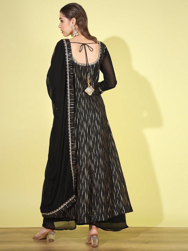 Black Gold Foil Print Front-Slit Kurta Palazzo set with Embellishments