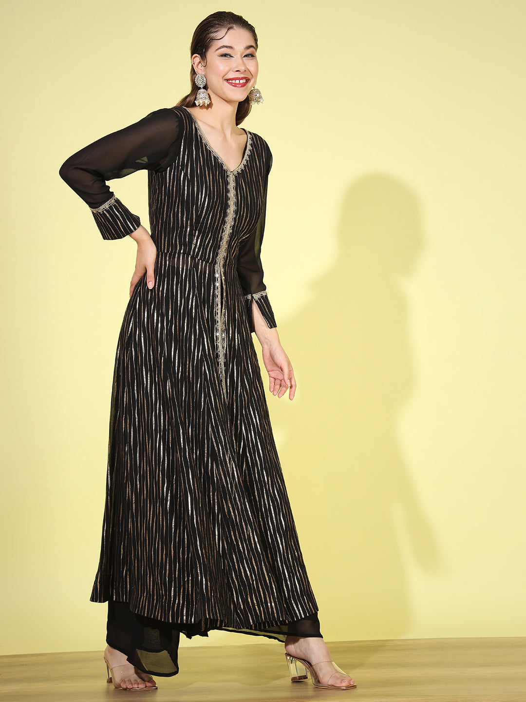 Black Gold Foil Print Front-Slit Kurta Palazzo set with Embellishments