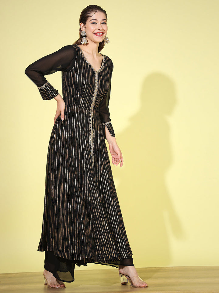 Black Gold Foil Print Front-Slit Kurta Palazzo set with Embellishments
