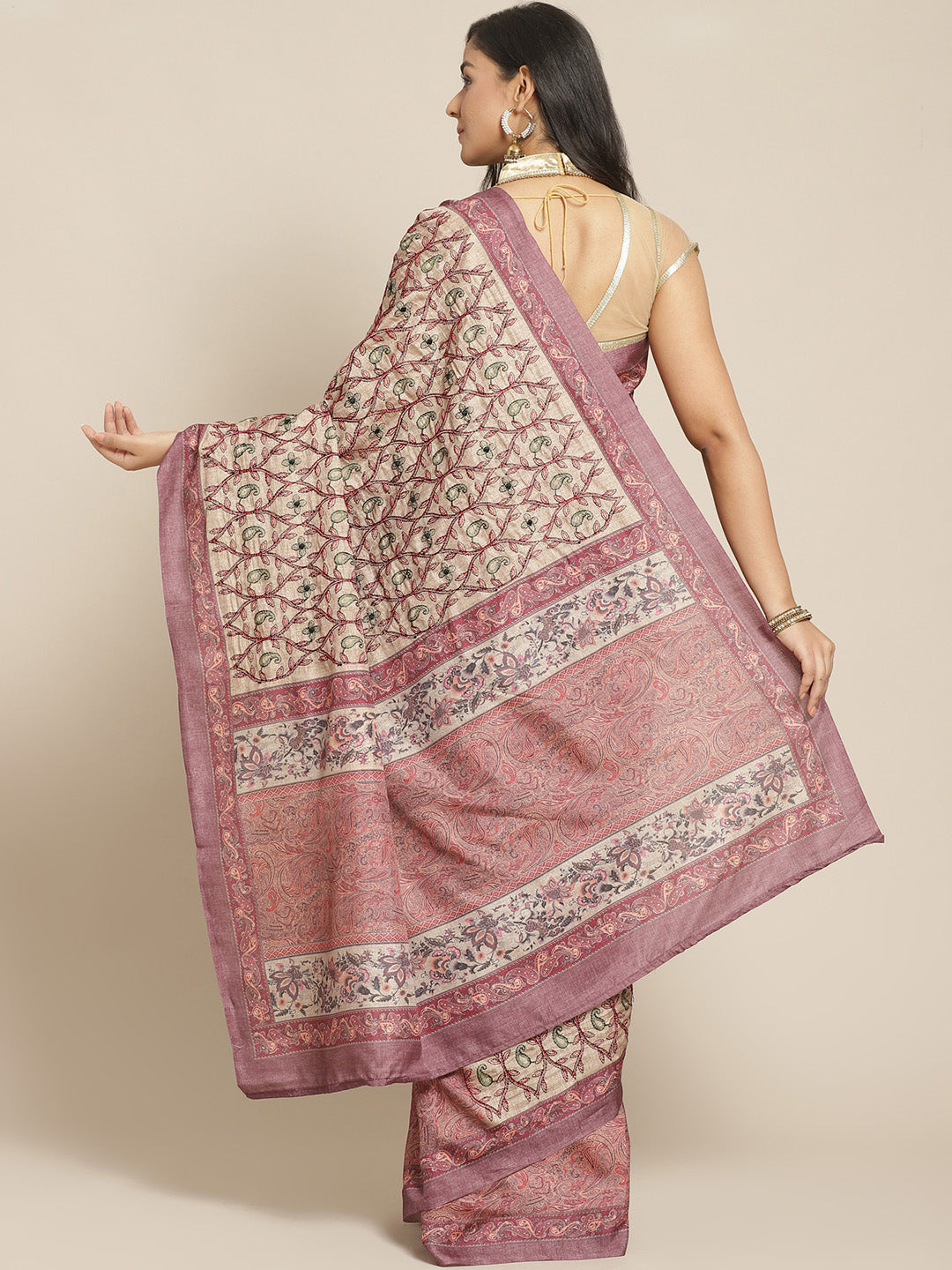 Beige Half-and-Half Saree with Kantha embroidered pallu and Kalamkari Indie Print