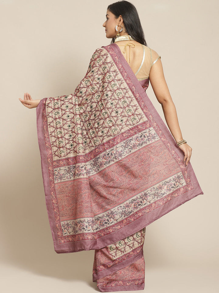 Beige Half-and-Half Saree with Kantha embroidered pallu and Kalamkari Indie Print