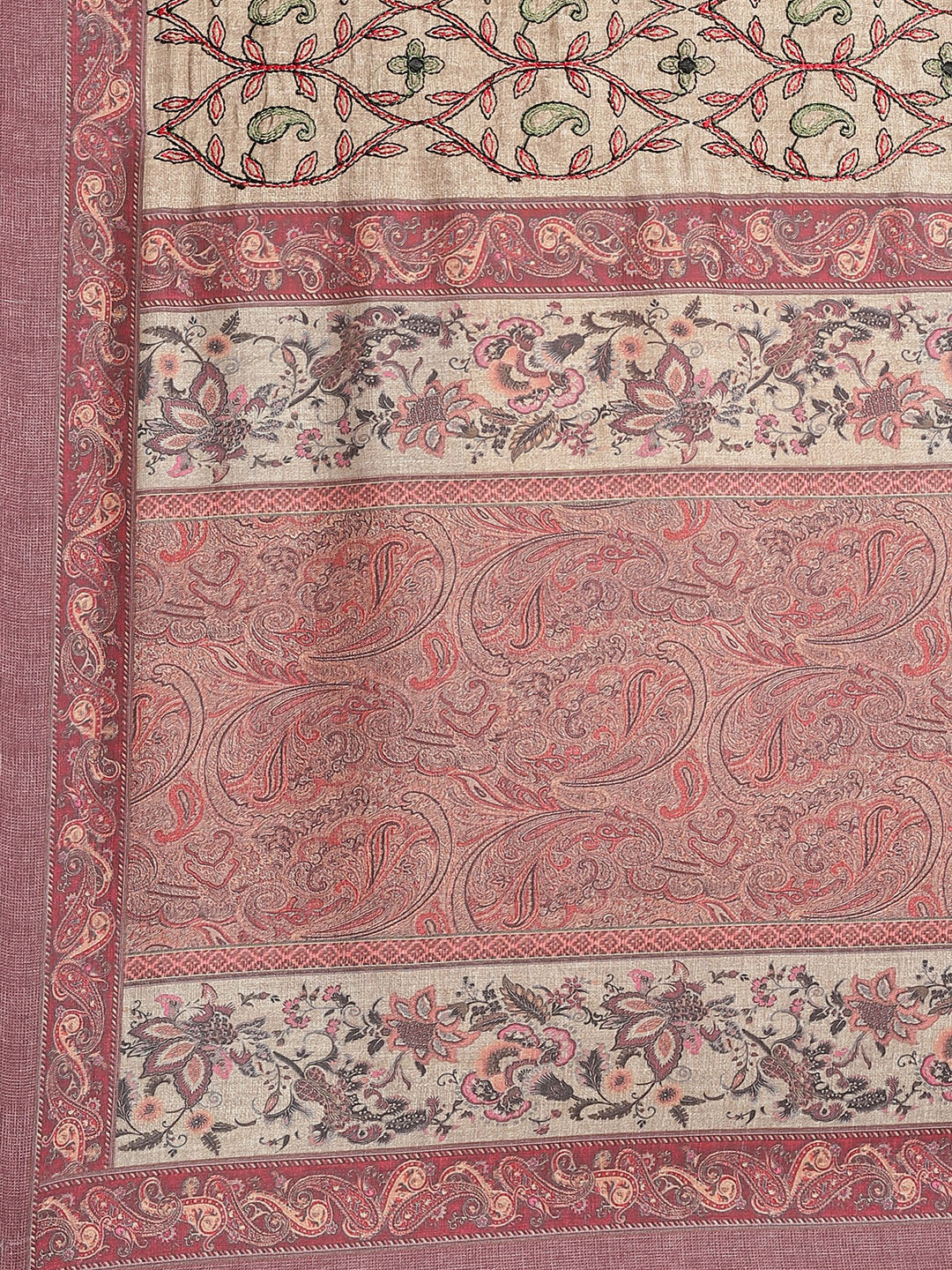 Beige Half-and-Half Saree with Kantha embroidered pallu and Kalamkari Indie Print