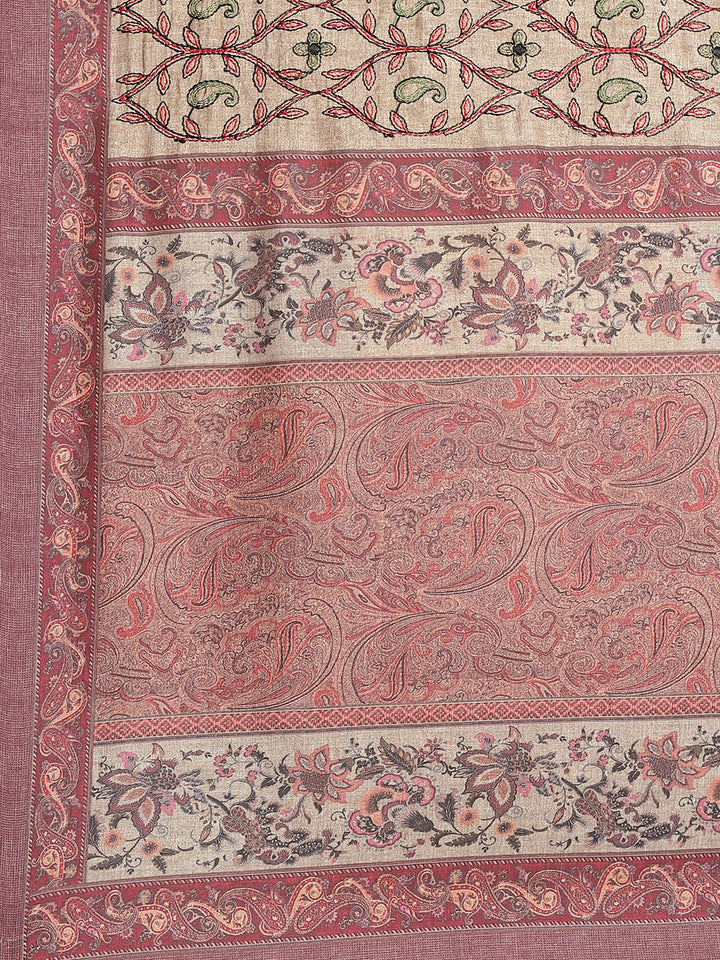 Beige Half-and-Half Saree with Kantha embroidered pallu and Kalamkari Indie Print