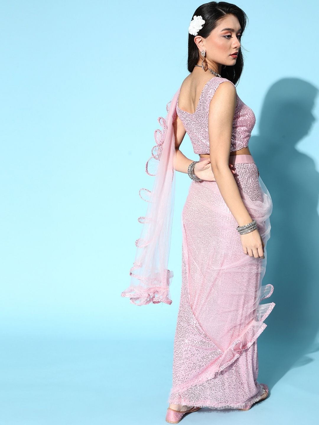 Ruffled Pre-Draped Pastel Pink Tulle Sequin Embellished Saree