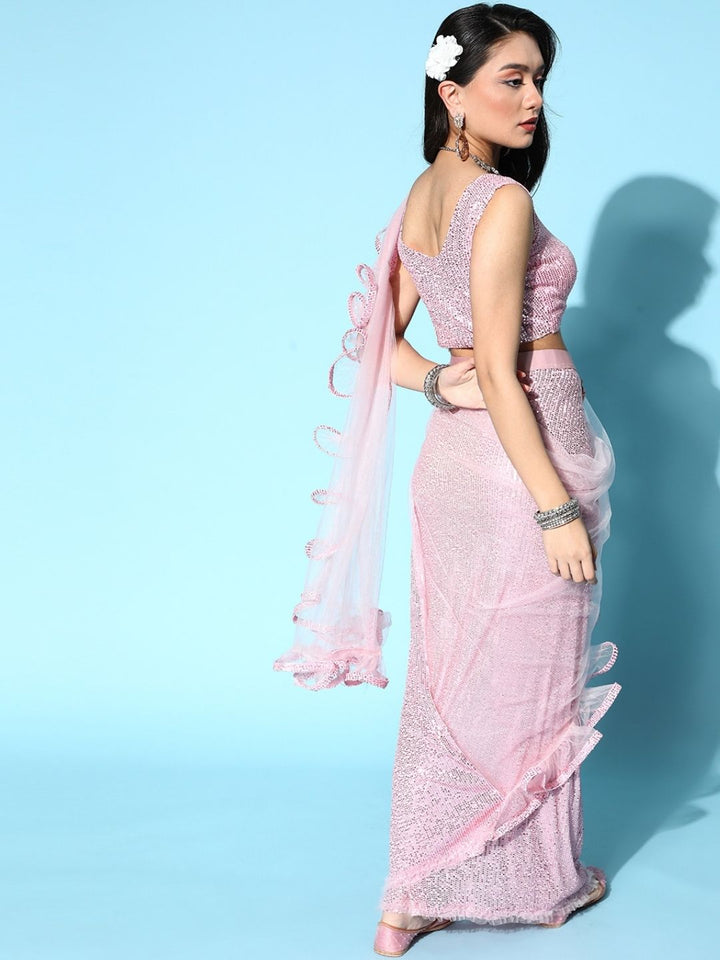Ruffled Pre-Draped Pastel Pink Tulle Sequin Embellished Saree