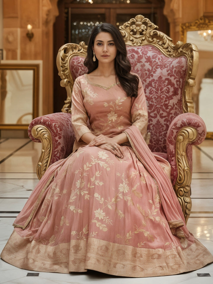 Pastel Pink Banarasi Silk Gharara Set with Zari Woven Floral Patterns & Net Dupatta