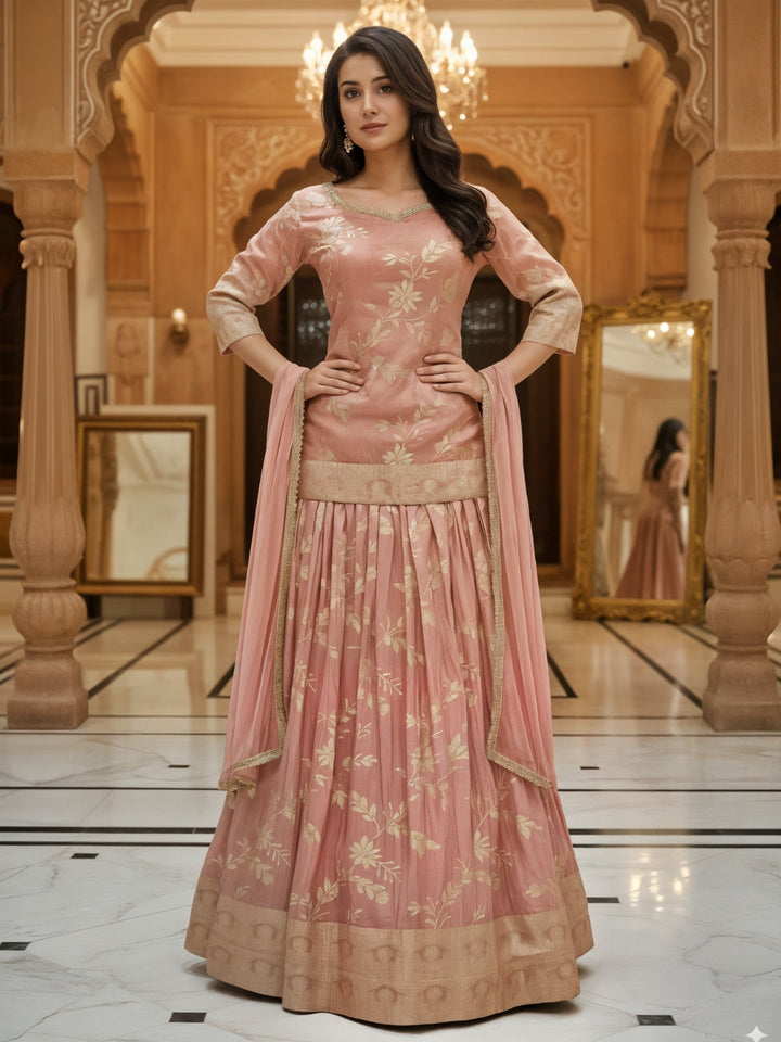 Pastel Pink Banarasi Silk Gharara Set with Zari Woven Floral Patterns & Net Dupatta