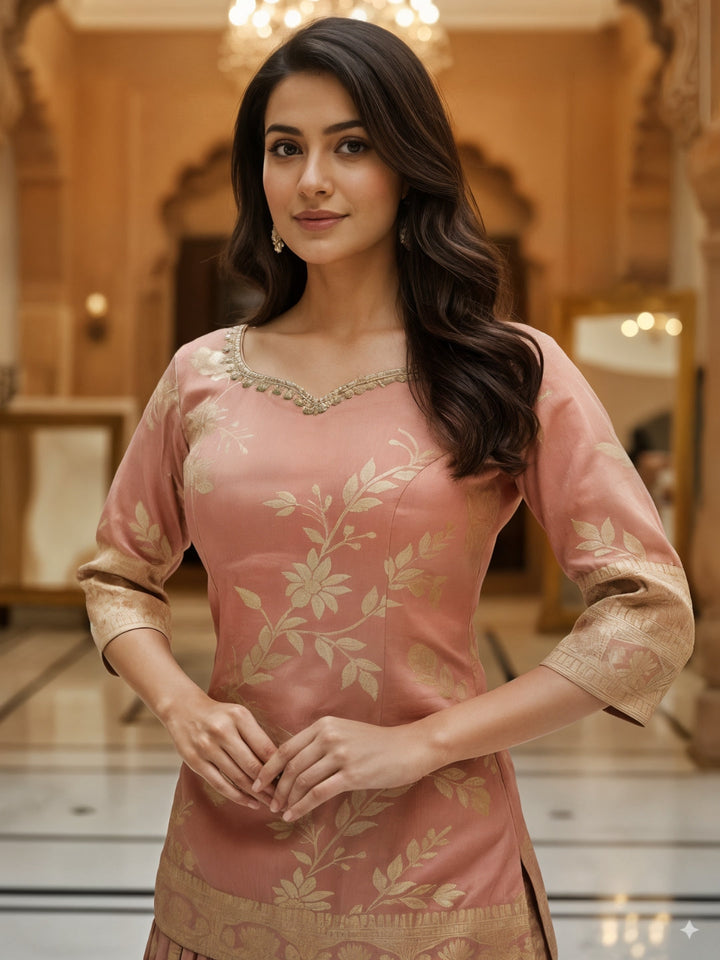 Pastel Pink Banarasi Silk Gharara Set with Zari Woven Floral Patterns & Net Dupatta