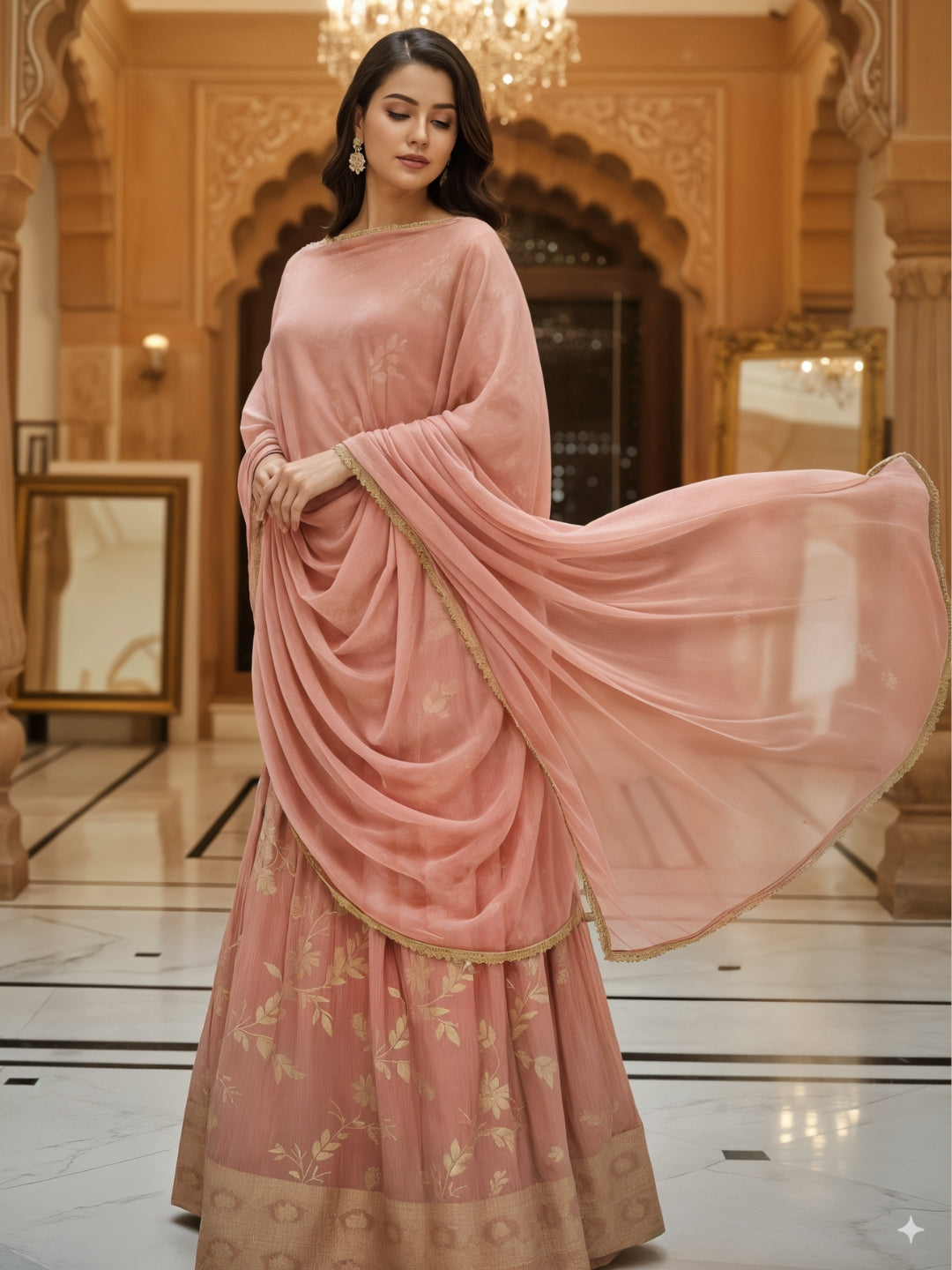 Pastel Pink Banarasi Silk Gharara Set with Zari Woven Floral Patterns & Net Dupatta