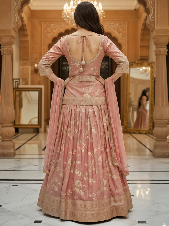 Pastel Pink Banarasi Silk Gharara Set with Zari Woven Floral Patterns & Net Dupatta