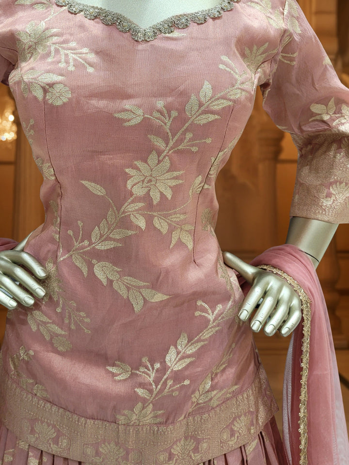 Pastel Pink Banarasi Silk Gharara Set with Zari Woven Floral Patterns & Net Dupatta