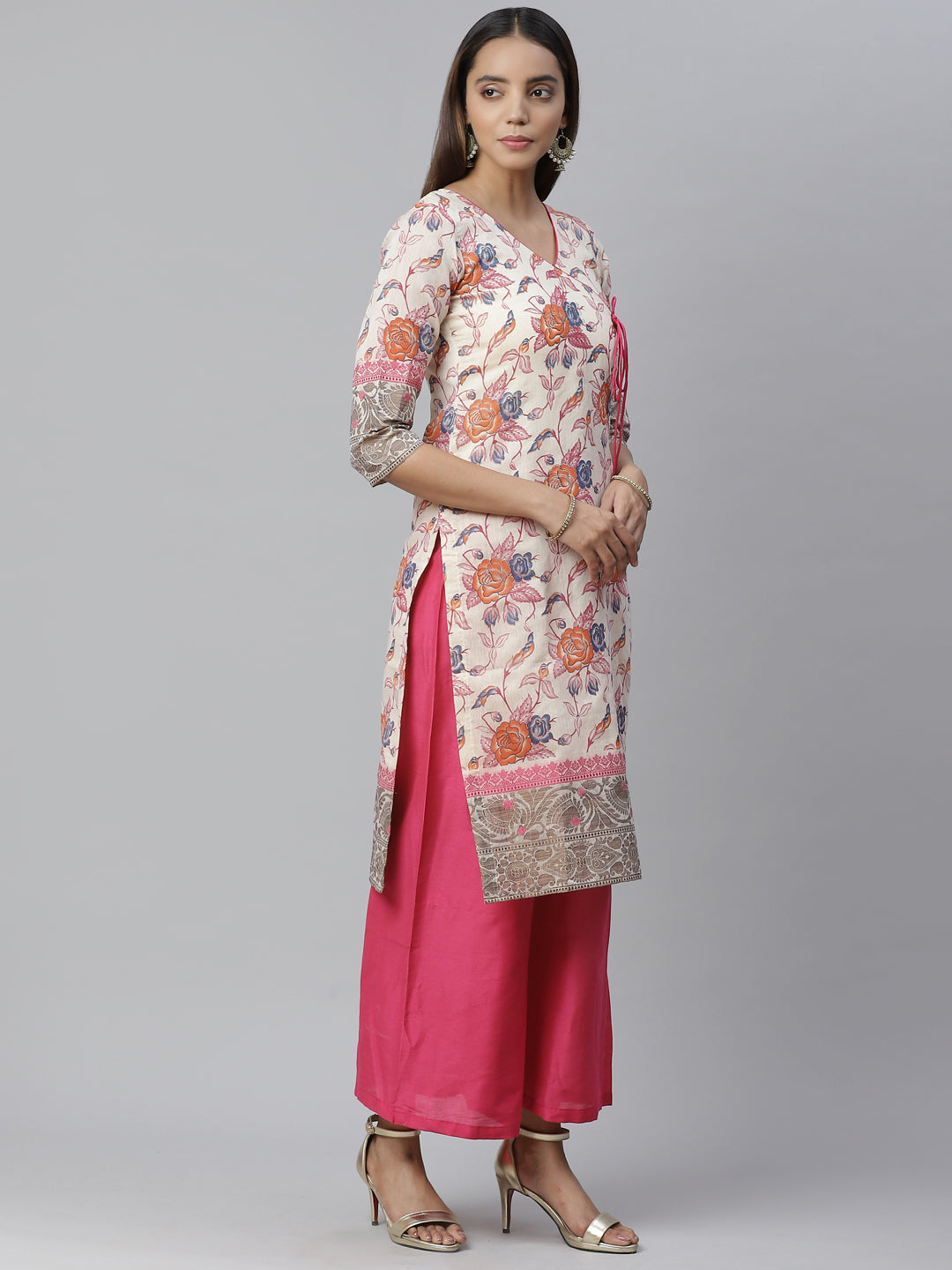 Handloom Chanderi Printed Kurta Set with Gold Weave Border & Banarasi Duppatta