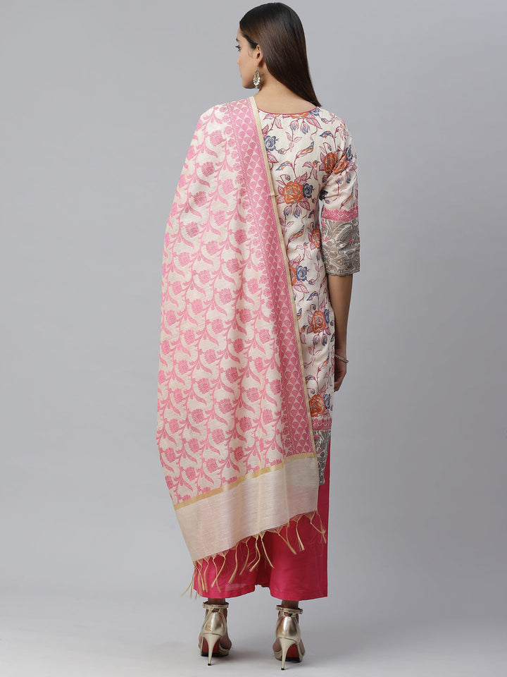 Handloom Chanderi Printed Kurta Set with Gold Weave Border & Banarasi Duppatta