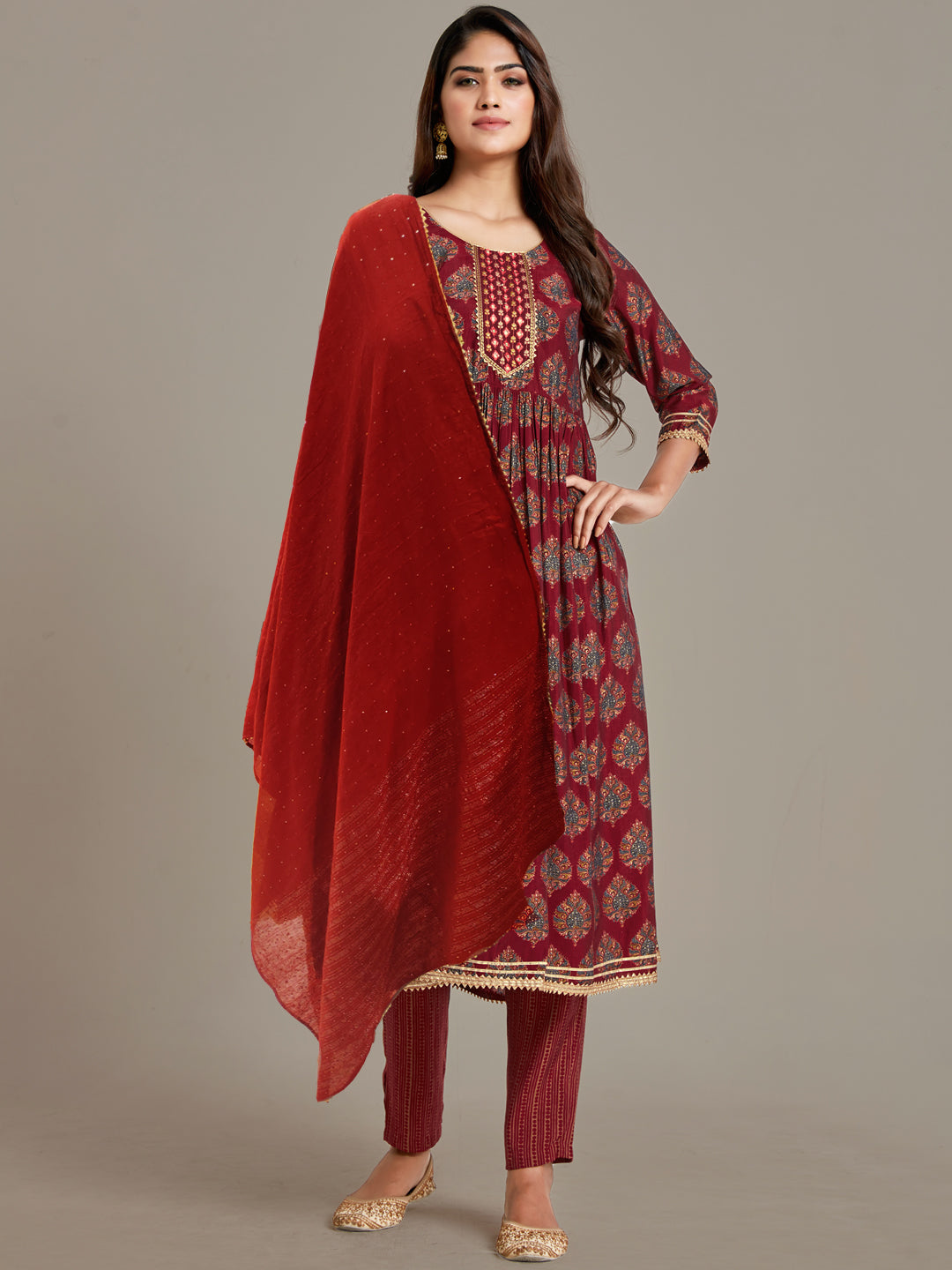 Maroon Ethnic Motifs Peplum Sharara Set with Gotta Patti Lurex Dupatta