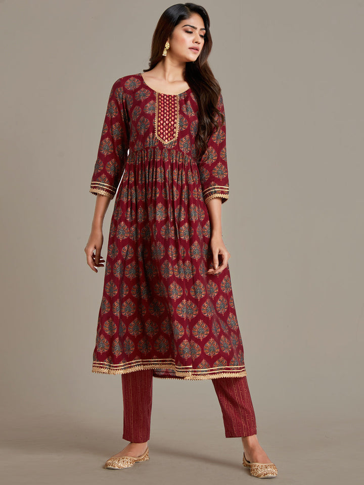 Maroon Ethnic Motifs Peplum Sharara Set with Gotta Patti Lurex Dupatta