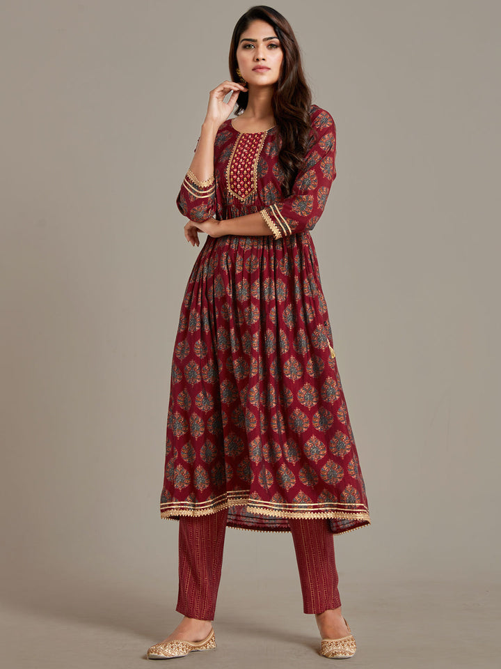 Maroon Ethnic Motifs Peplum Sharara Set with Gotta Patti Lurex Dupatta