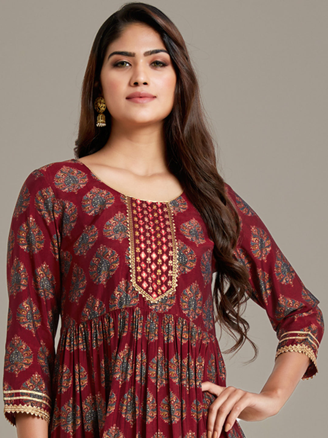 Maroon Ethnic Motifs Peplum Sharara Set with Gotta Patti Lurex Dupatta