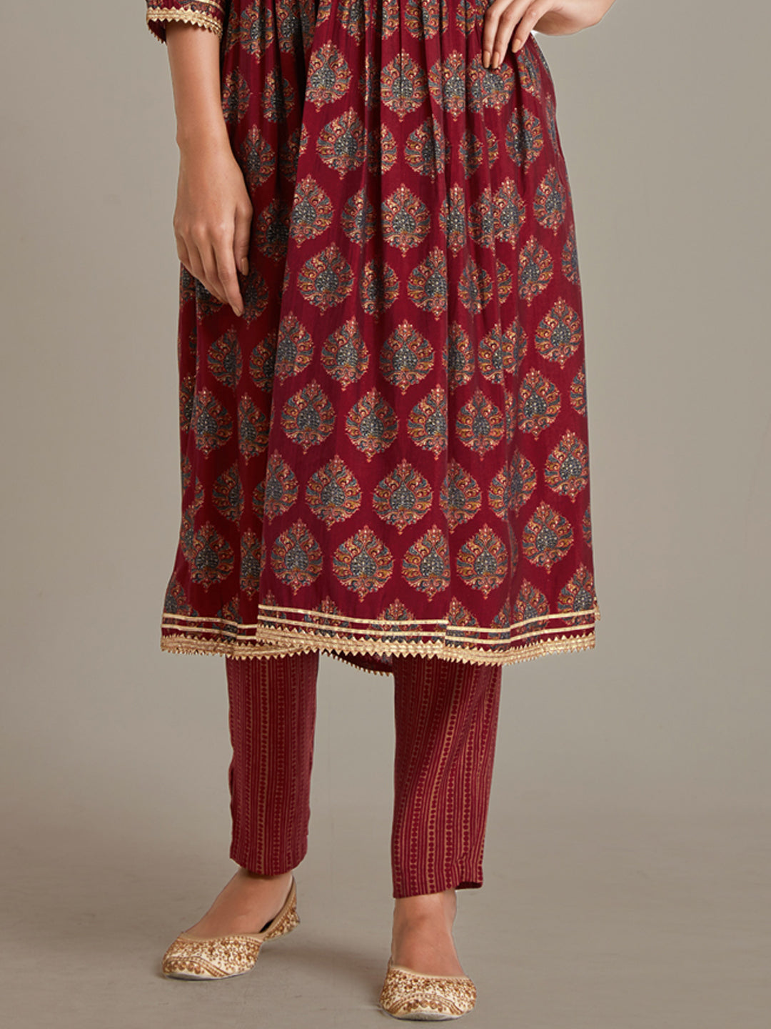 Maroon Ethnic Motifs Peplum Sharara Set with Gotta Patti Lurex Dupatta