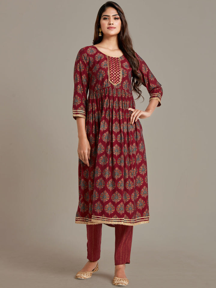 Maroon Ethnic Motifs Peplum Sharara Set with Gotta Patti Lurex Dupatta