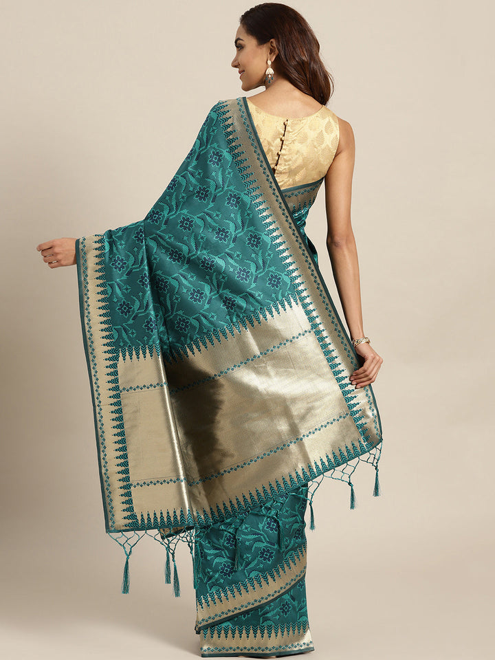 Banarasi Handloom Silk Saree with Zari Temple Pattern and Jhalar