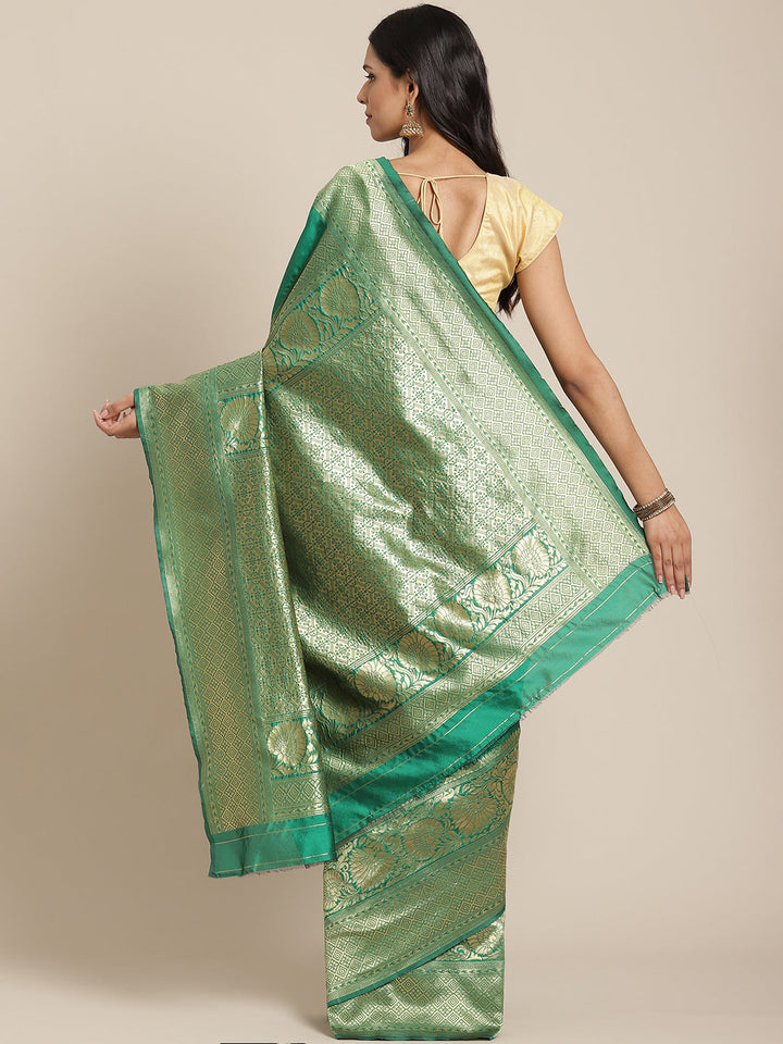 Emerald Green Banarasi Silk Saree with Oxidised Zari Weaving and Floral Ethnic Pattern