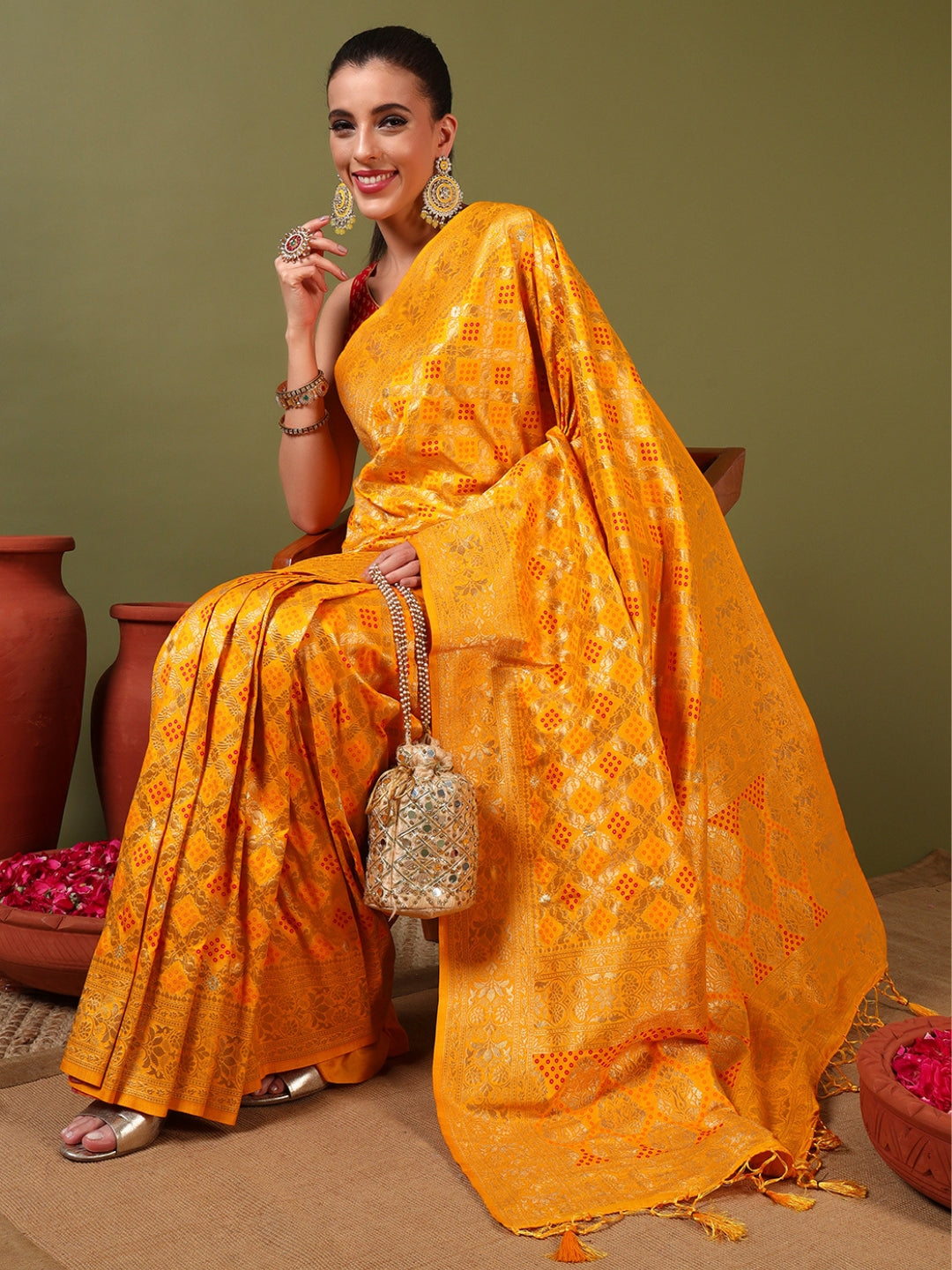 Chhabra 555 Banarasi Handloom Gharchola Saree with Golden Zari Meenakari Weaving & Jhalar Pallu