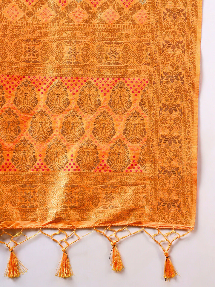 Banarasi Handloom Gharchola Saree with Golden Zari Meenakari Weaving & Jhalar Pallu