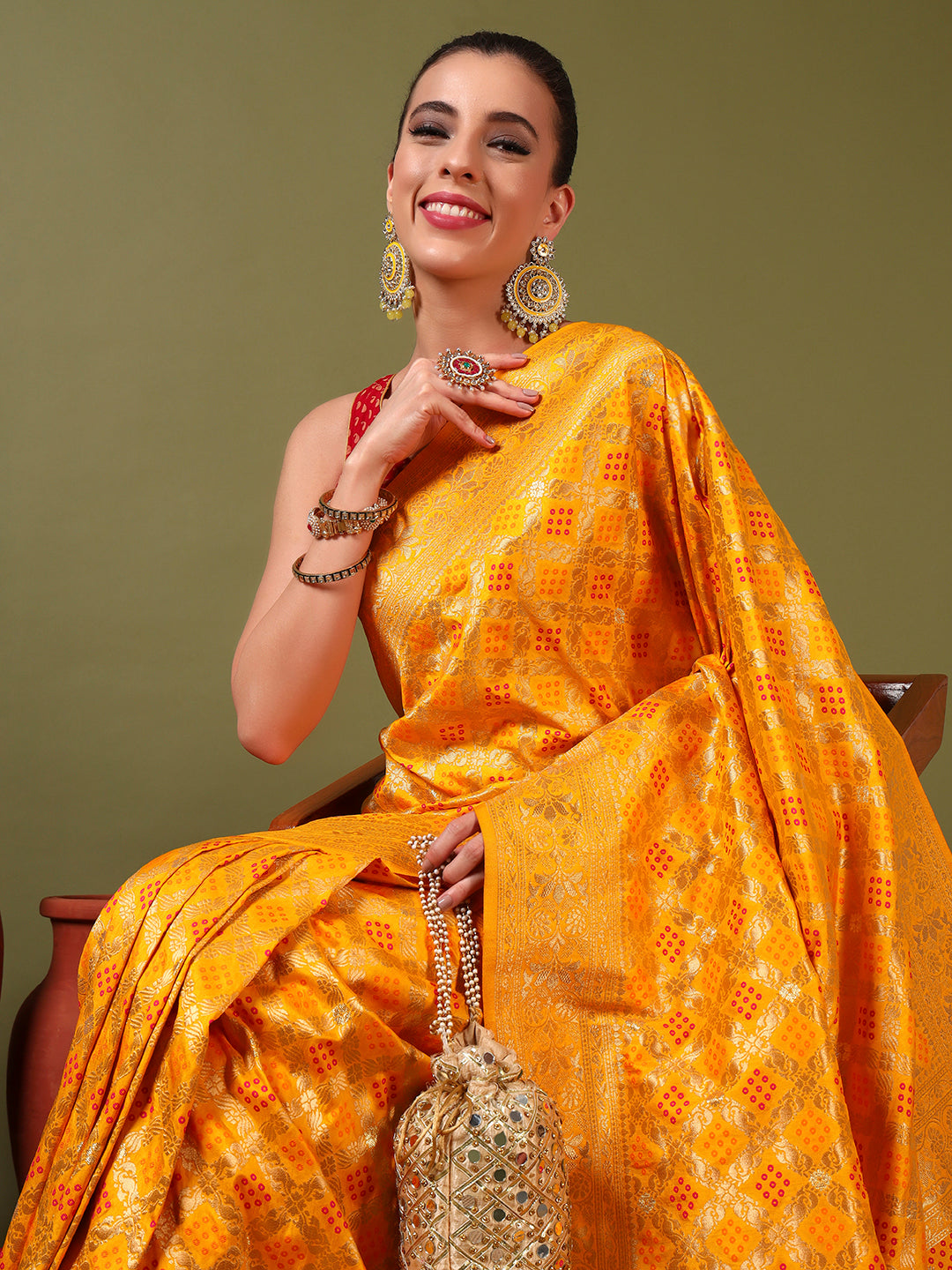 Banarasi Handloom Gharchola Saree with Golden Zari Meenakari Weaving & Jhalar Pallu