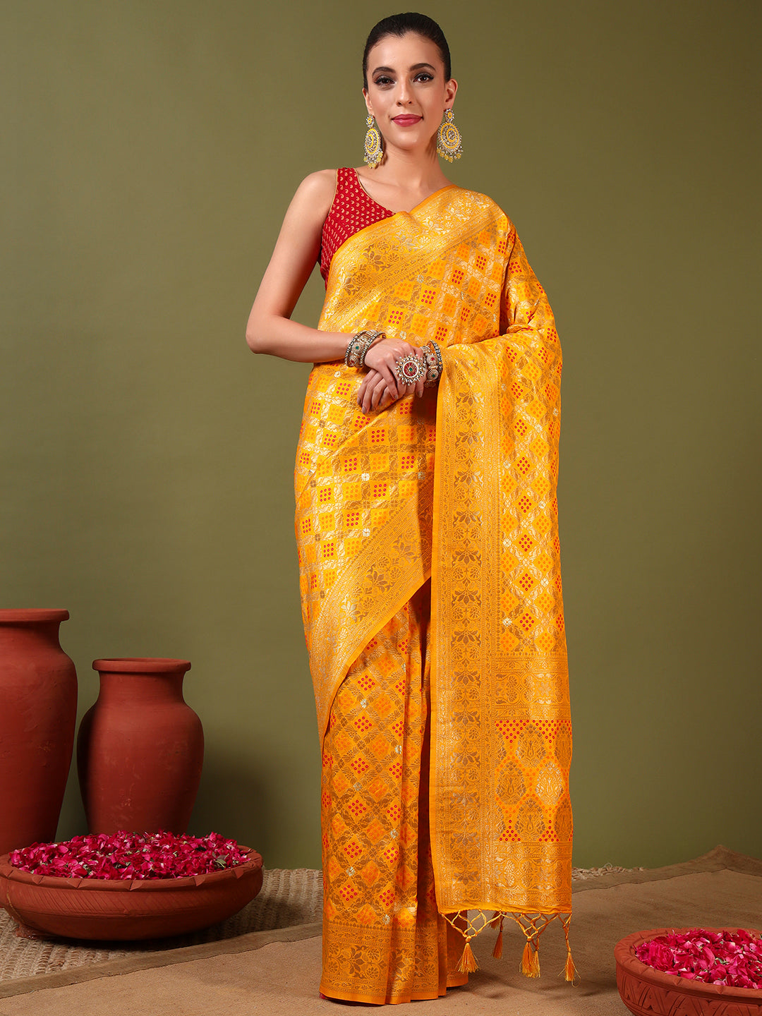 Banarasi Handloom Gharchola Saree with Golden Zari Meenakari Weaving & Jhalar Pallu