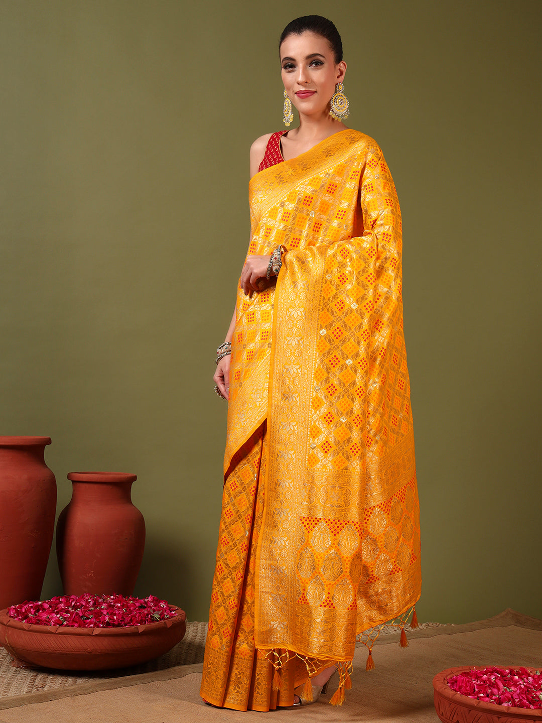 Banarasi Handloom Gharchola Saree with Golden Zari Meenakari Weaving & Jhalar Pallu