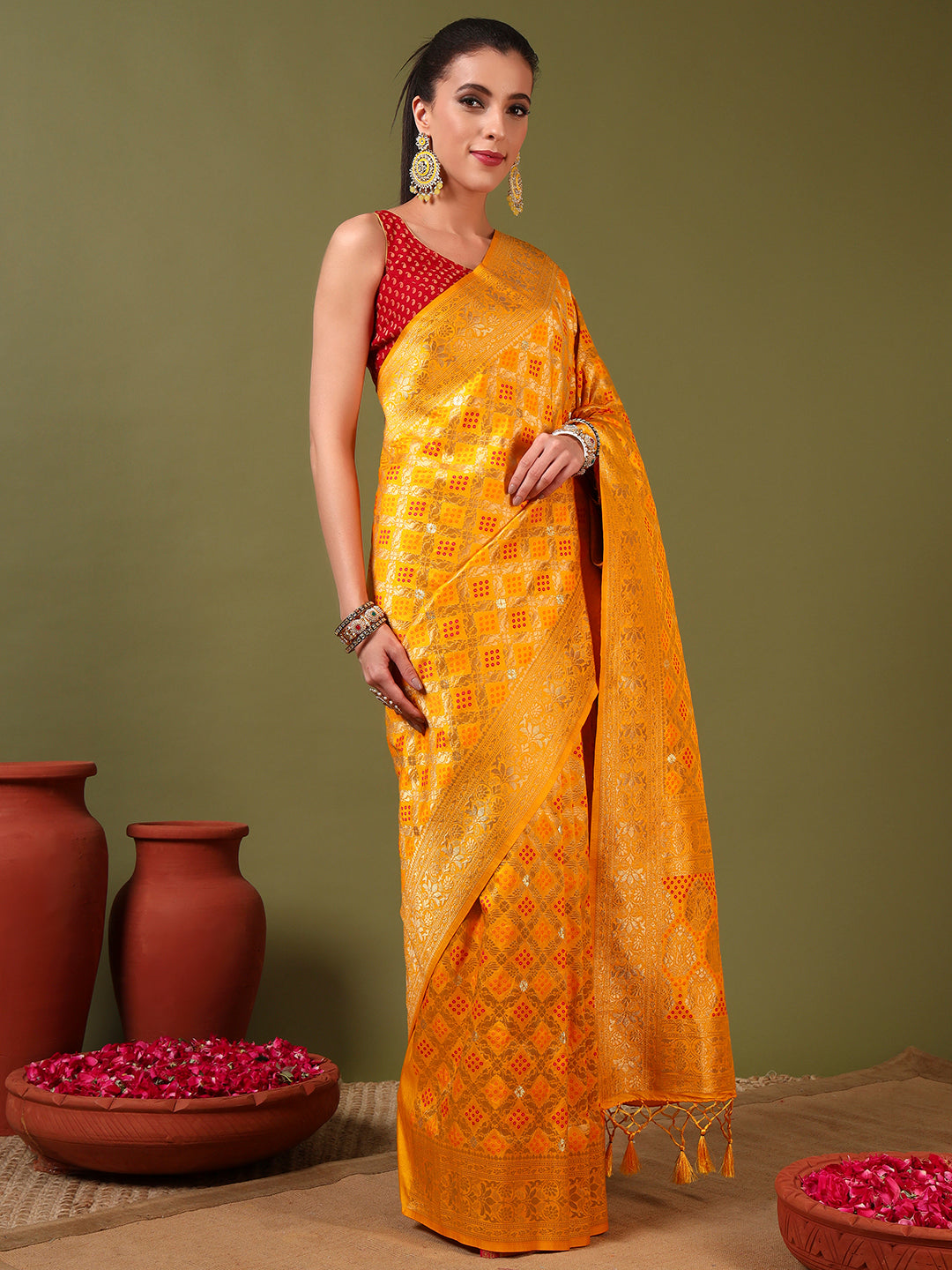 Banarasi Handloom Gharchola Saree with Golden Zari Meenakari Weaving & Jhalar Pallu