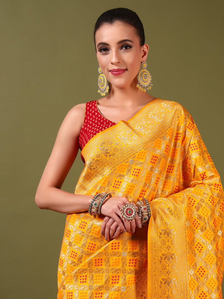Banarasi Handloom Gharchola Saree with Golden Zari Meenakari Weaving & Jhalar Pallu