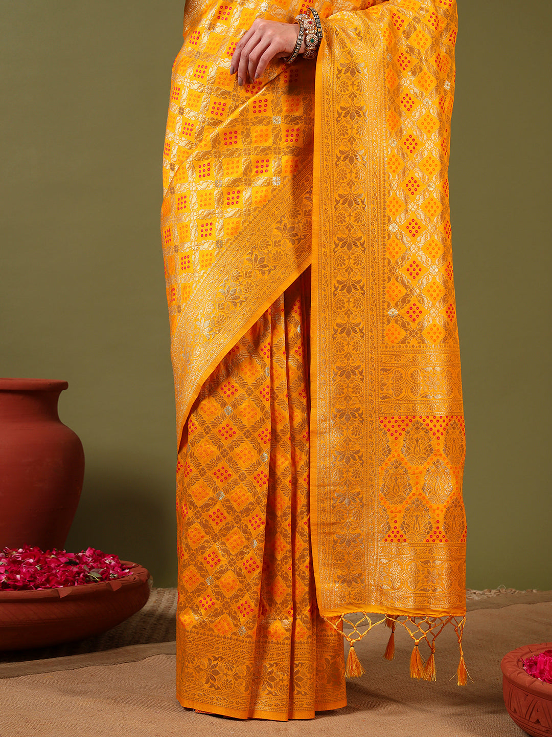Banarasi Handloom Gharchola Saree with Golden Zari Meenakari Weaving & Jhalar Pallu