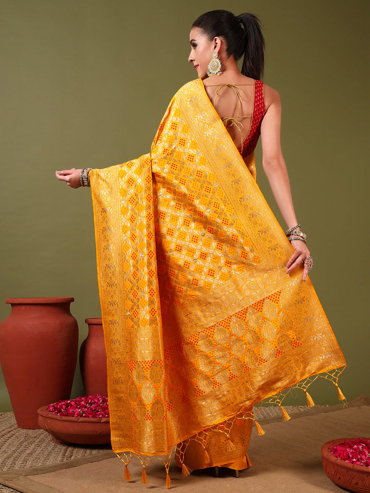 Banarasi Handloom Gharchola Saree with Golden Zari Meenakari Weaving & Jhalar Pallu