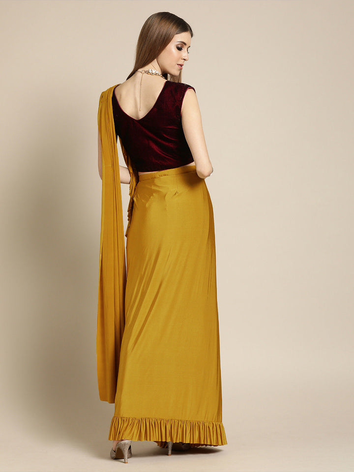 Chhabra 555 Mustard Ruffled Pre-Draped Lycra Saree with Frills and Velvet Crystal Embellished Blouse