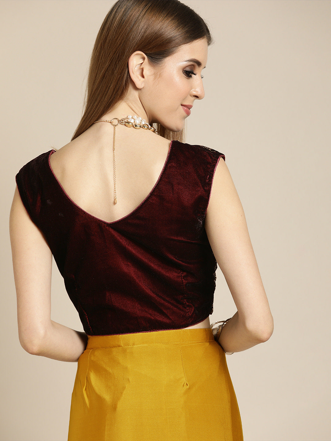 Chhabra 555 Mustard Ruffled Pre-Draped Lycra Saree with Frills and Velvet Crystal Embellished Blouse