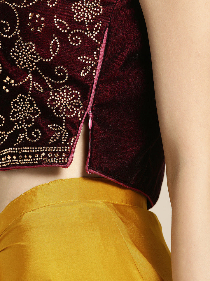 Chhabra 555 Mustard Ruffled Pre-Draped Lycra Saree with Frills and Velvet Crystal Embellished Blouse