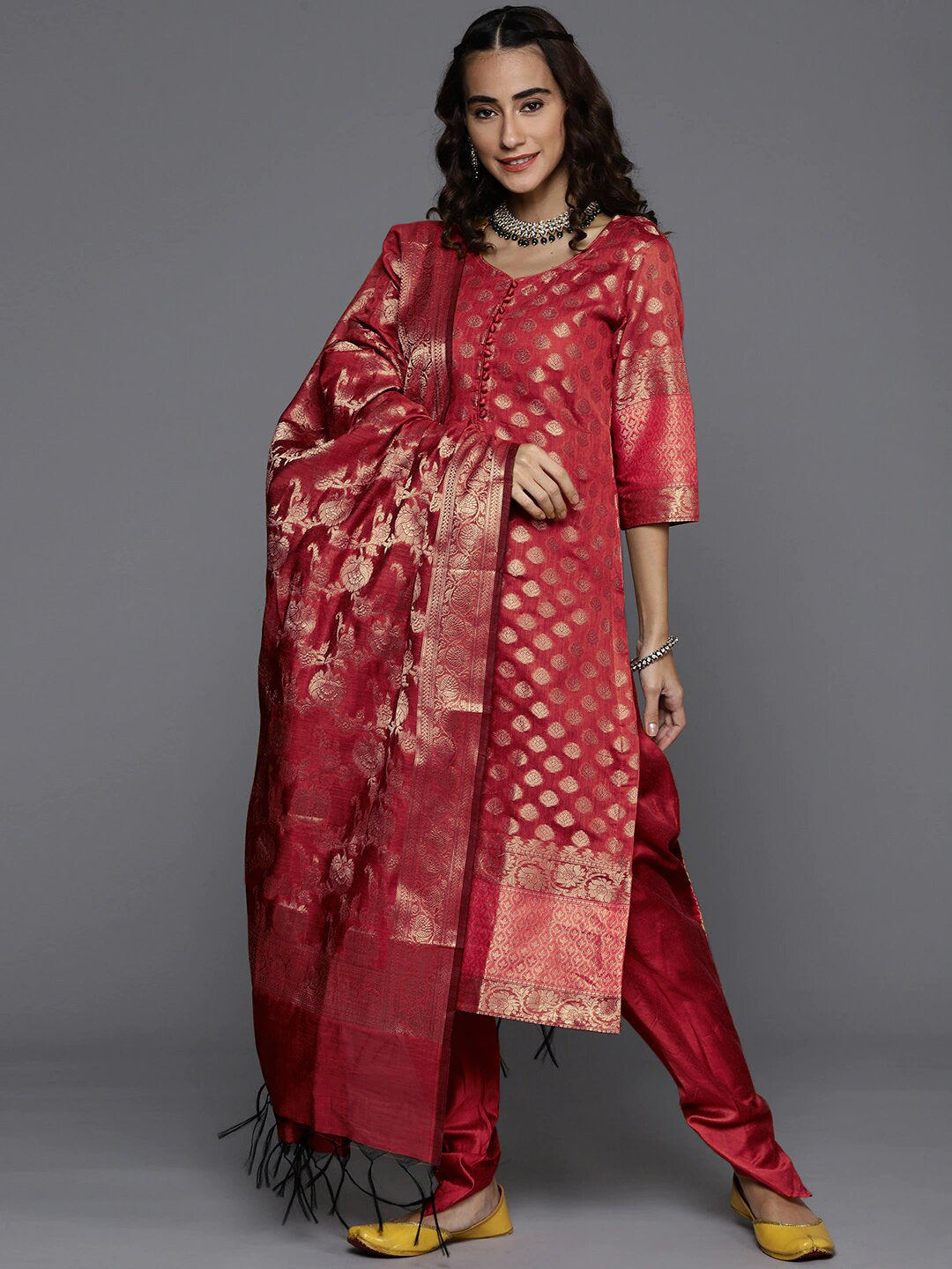 Red Unstitched Banarasi Kurta Set With Handloom Dupatta & Zari Weaving