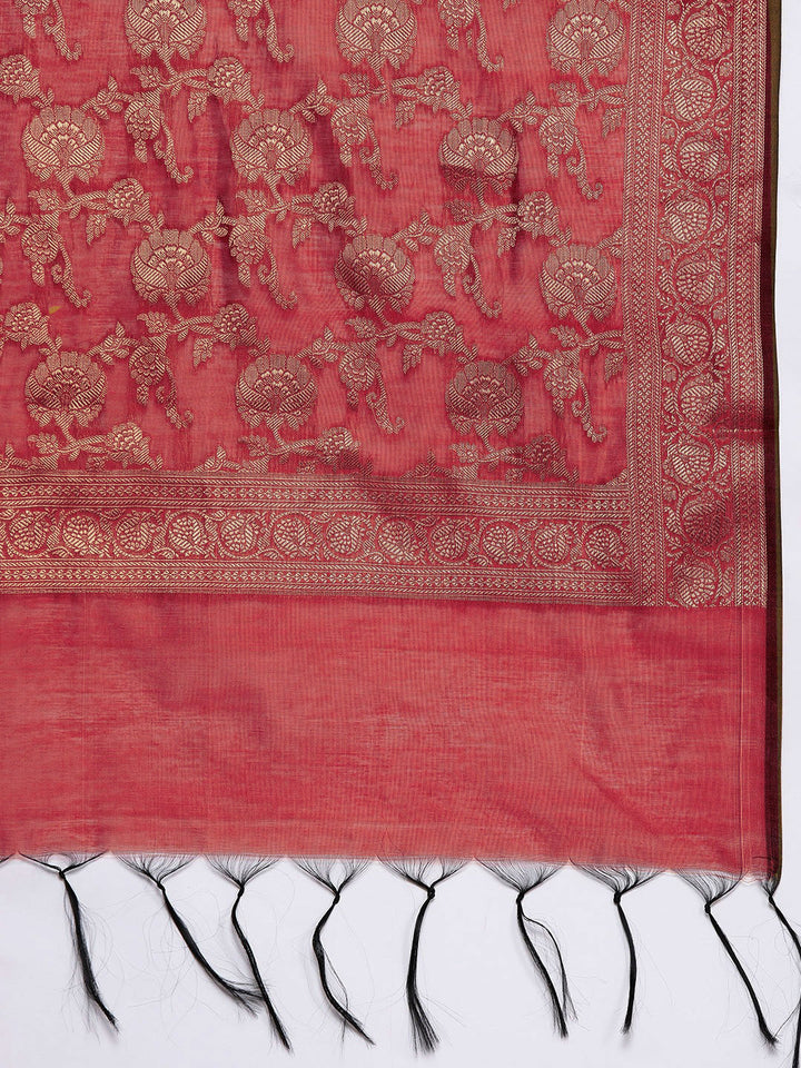 Red Unstitched Banarasi Kurta Set With Handloom Dupatta & Zari Weaving