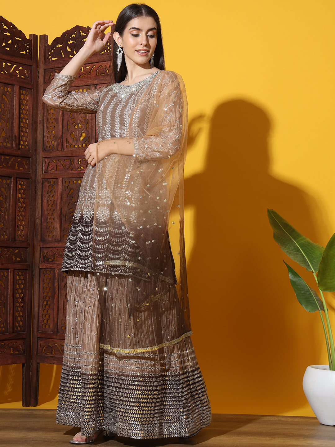 Mirror & Zircon Embellished Ombre Kurta Gharara Set with Embroidery