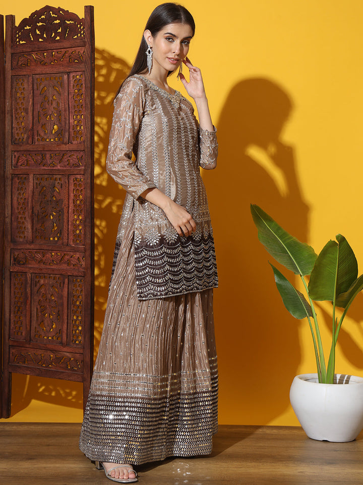 Mirror & Zircon Embellished Ombre Kurta Gharara Set with Embroidery