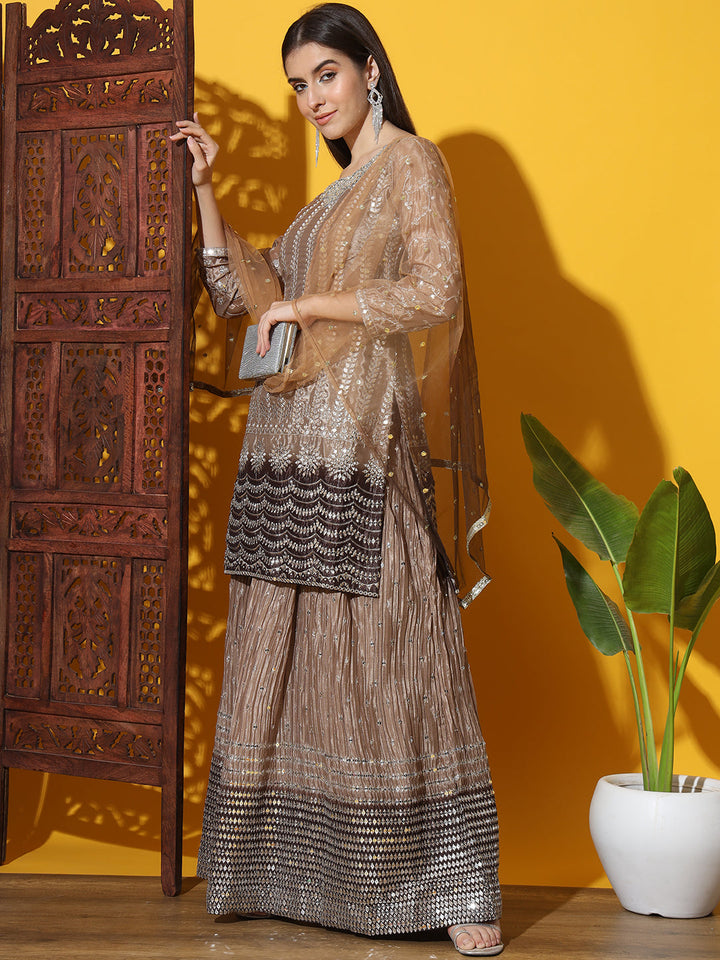 Mirror & Zircon Embellished Ombre Kurta Gharara Set with Embroidery