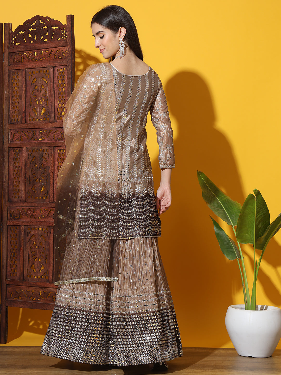 Mirror & Zircon Embellished Ombre Kurta Gharara Set with Embroidery
