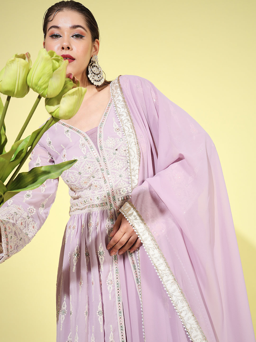 Lavender Resham Chikankari Embroidered Front Slit Georgette Dress