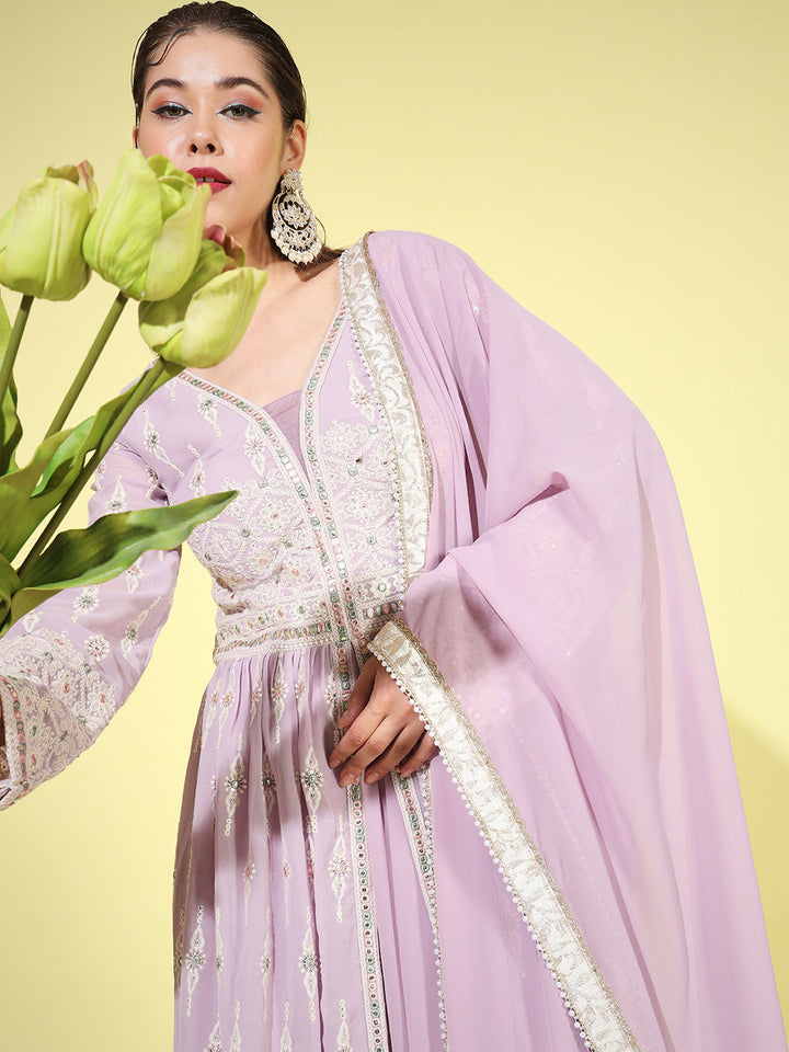 Lavender Resham Chikankari Embroidered Front Slit Georgette Dress