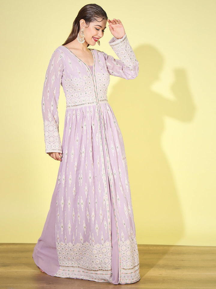Lavender Resham Chikankari Embroidered Front Slit Georgette Dress